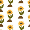 Seamless pattern with cartoon sunflower. vector flat style. nature theme. hand drawing. Royalty Free Stock Photo